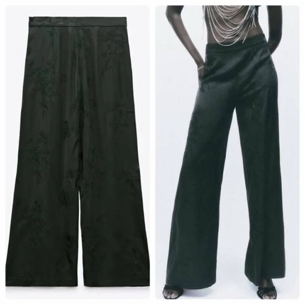 Zara NWT dark hunter green embroidered floral satin wide straight leg pants
